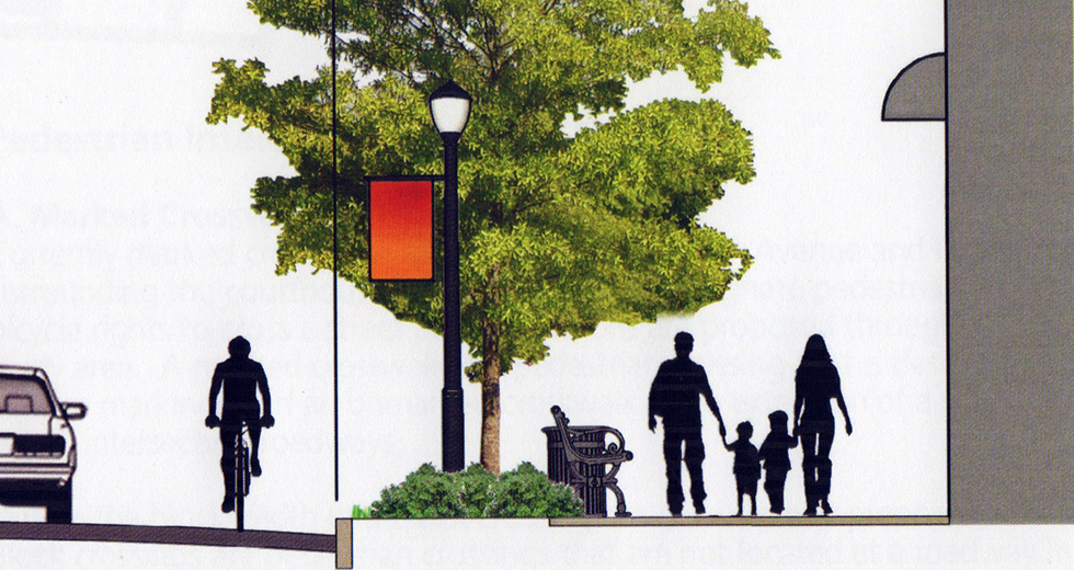 An urban design plan illustration of streetscaping, bicycler, and family walking on the sidewalk.